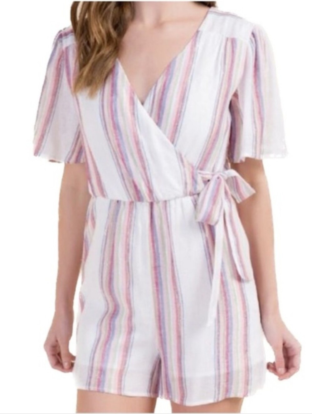 Harper Heritage Linen Gold Metallic Multi-colored Striped Romper Women's Medium
